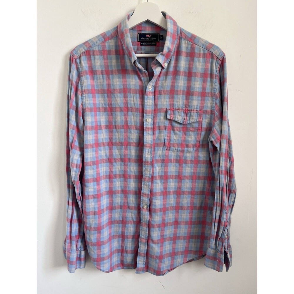 Vineyard Vines Shirt Mens Medium Blue Cotton Button Down Plaid Slim Fit Crosby